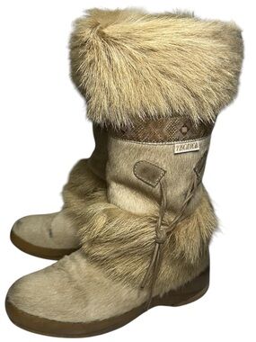 Tecnica Vintage 1973 Sz 7.5 Tan Skandia Pony Hair Fur Trim Mid Calf Winter Boots